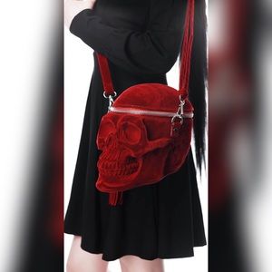 Gothic Art Life Size Red Velvet Curved Skull Clutch Crossbody Shoulder Bag
